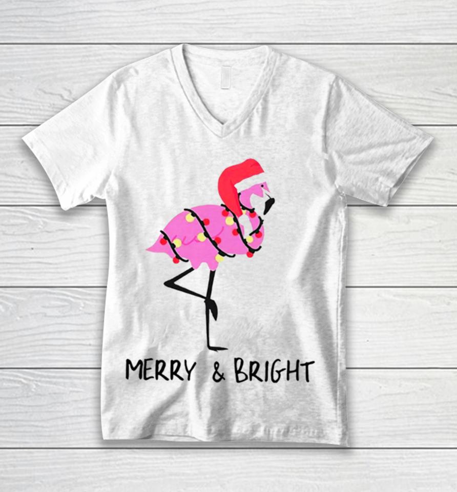Flamingo Merry And Bright Christmas Unisex V-Neck T-Shirt