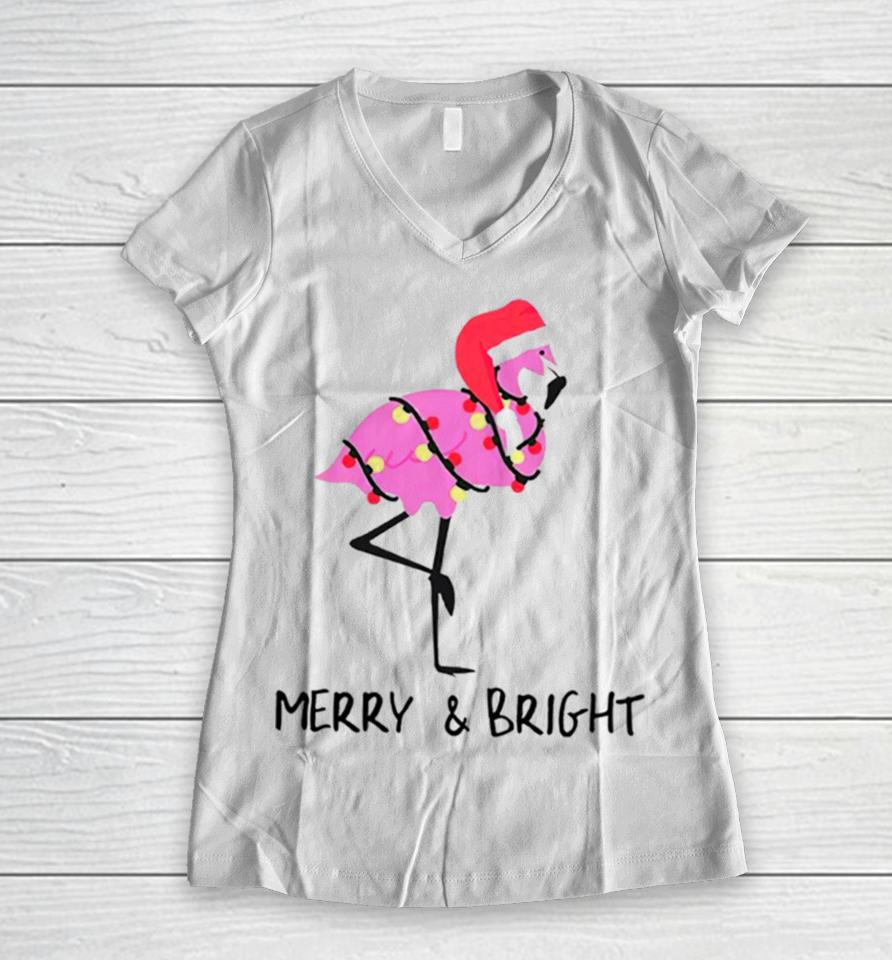 Flamingo Merry And Bright Christmas Women V-Neck T-Shirt