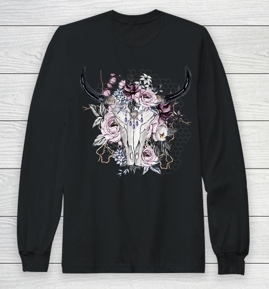 Floral Cow Skull Long Sleeve T-Shirt