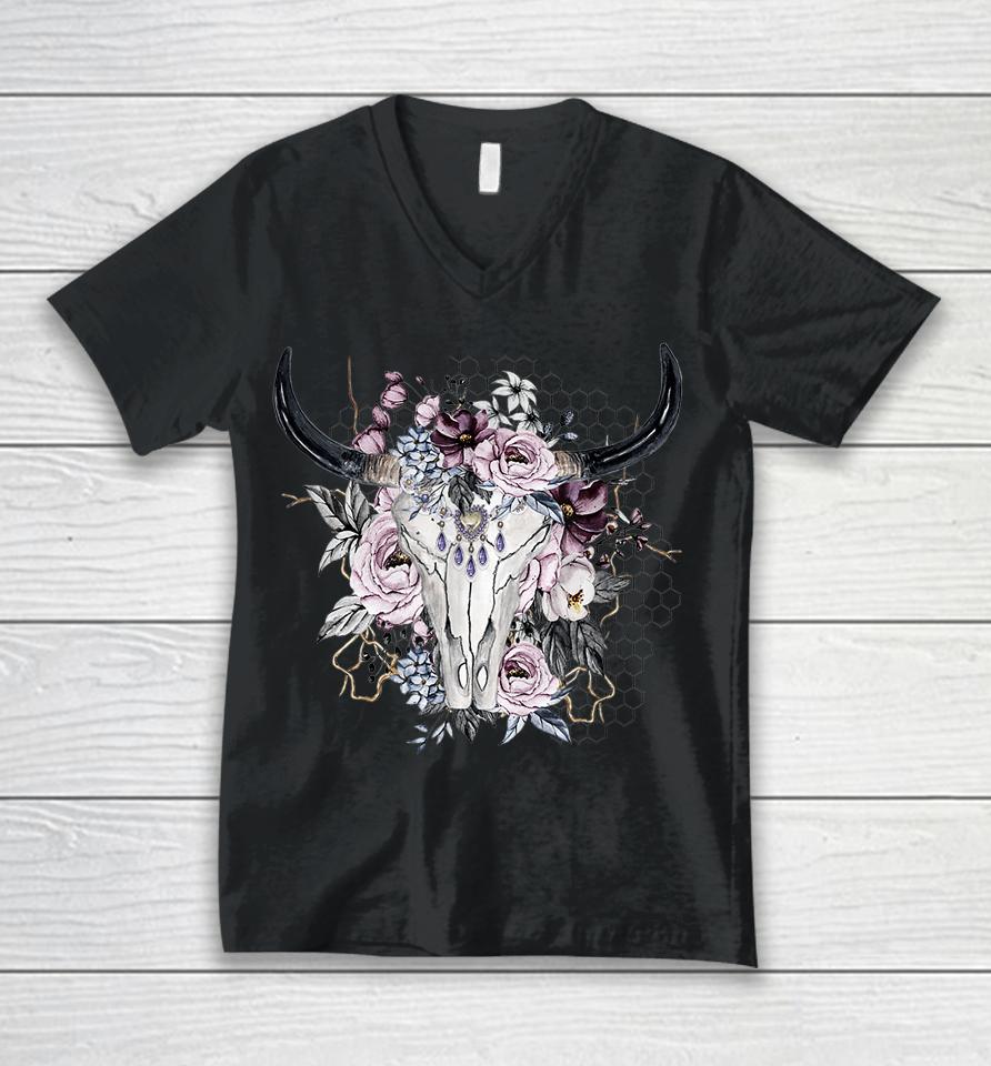 Floral Cow Skull Unisex V-Neck T-Shirt
