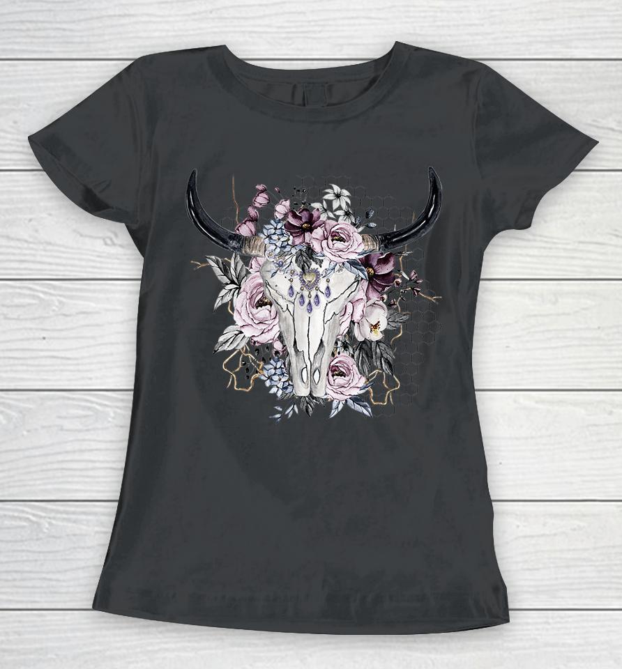 Floral Cow Skull Women T-Shirt
