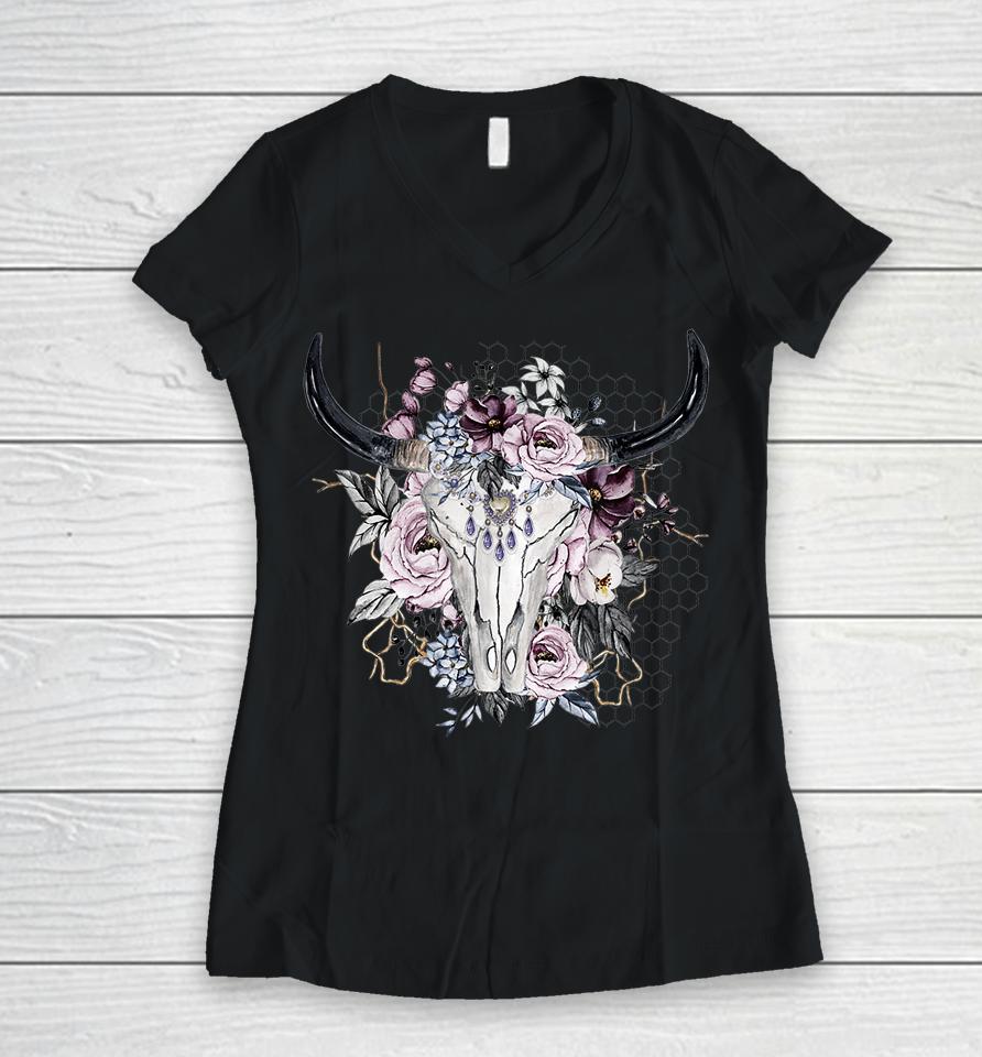 Floral Cow Skull Women V-Neck T-Shirt