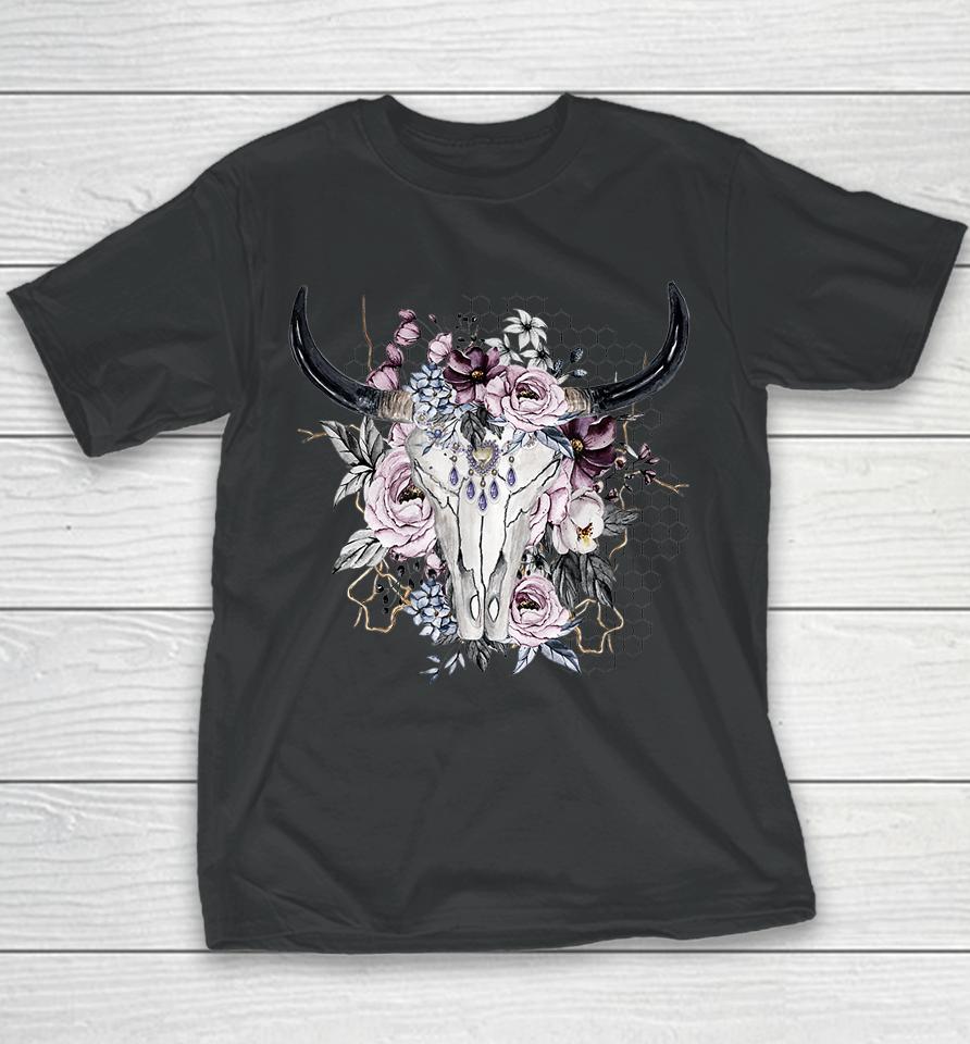 Floral Cow Skull Youth T-Shirt