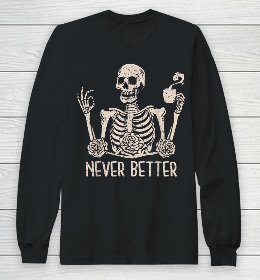 Floral Halloween T Shirt Skeleton Drinking Coffee Long Sleeve T-Shirt