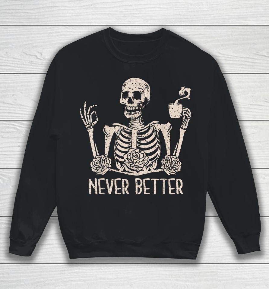 Floral Halloween T Shirt Skeleton Drinking Coffee Sweatshirt