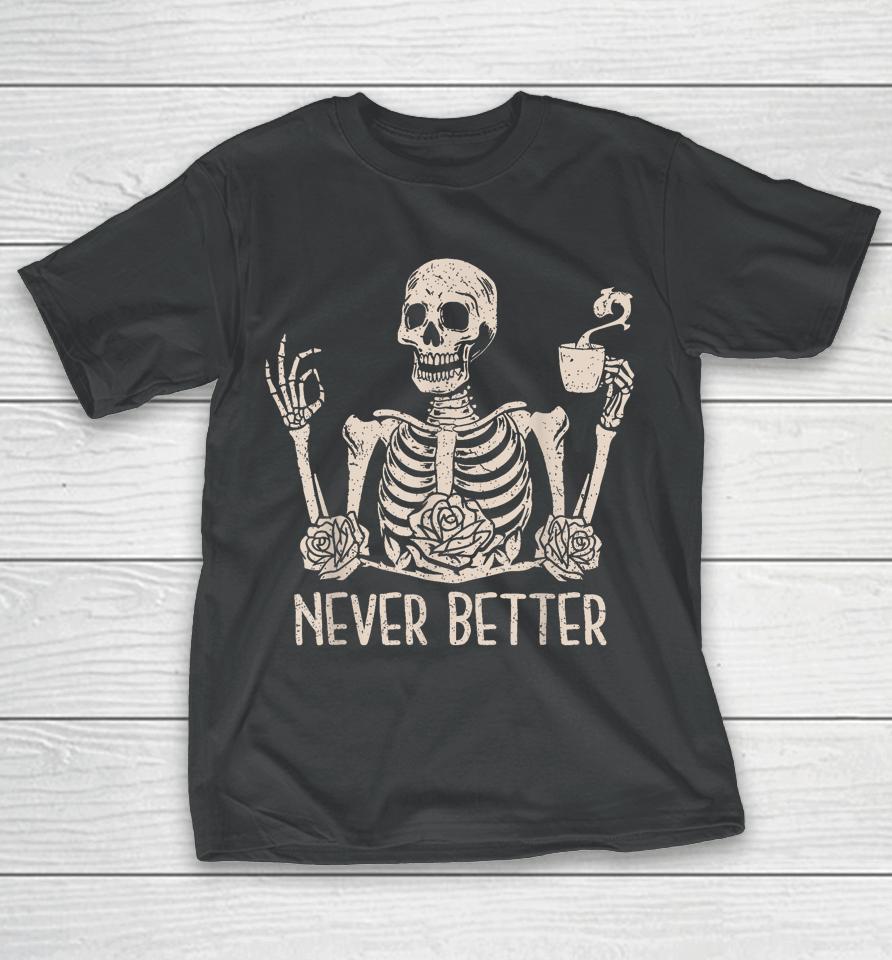 Floral Halloween T Shirt Skeleton Drinking Coffee T-Shirt