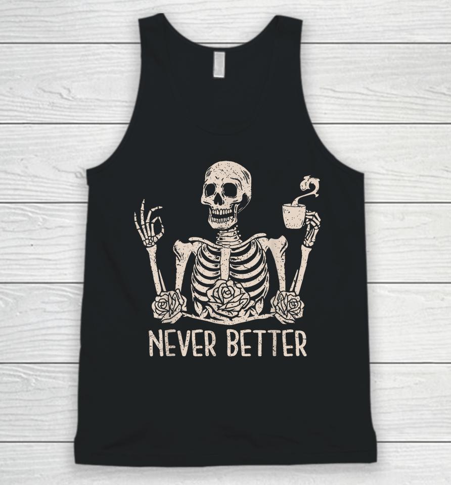 Floral Halloween T Shirt Skeleton Drinking Coffee Unisex Tank Top