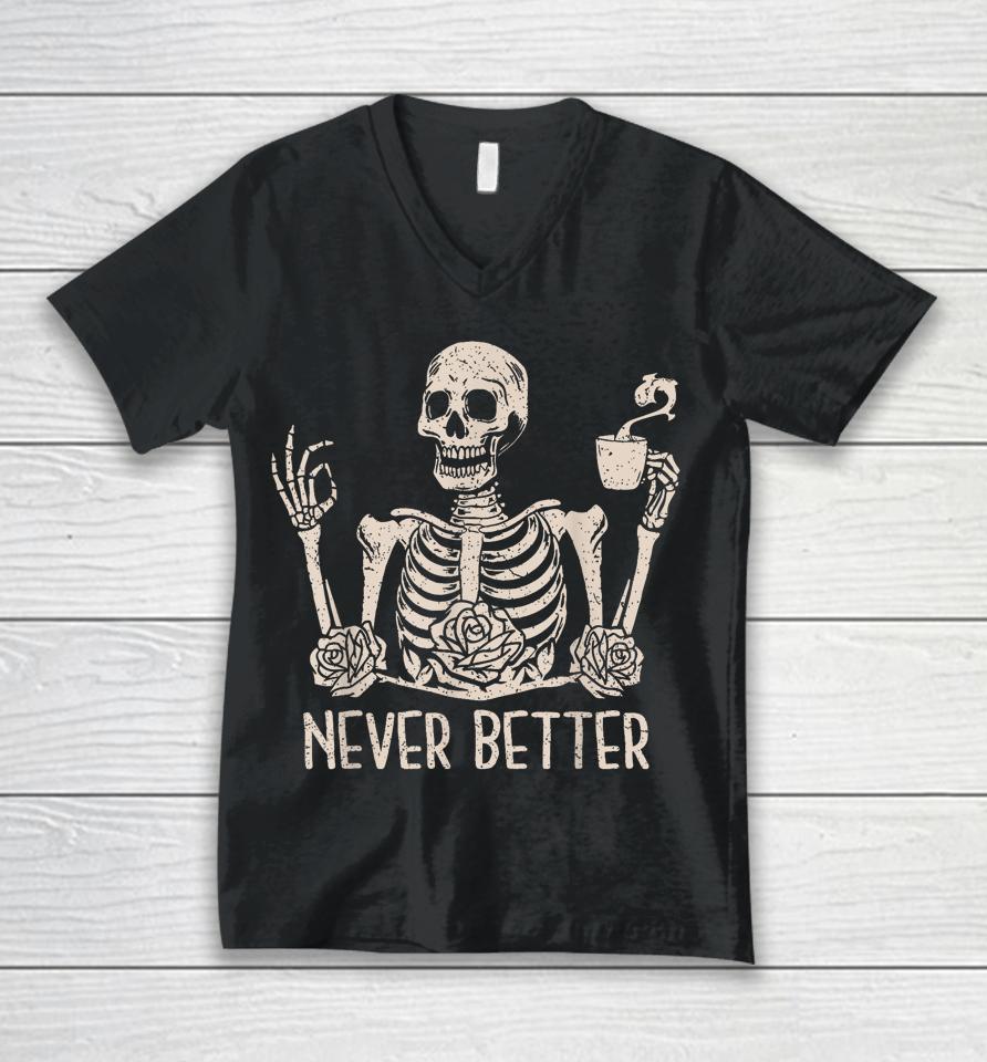 Floral Halloween T Shirt Skeleton Drinking Coffee Unisex V-Neck T-Shirt