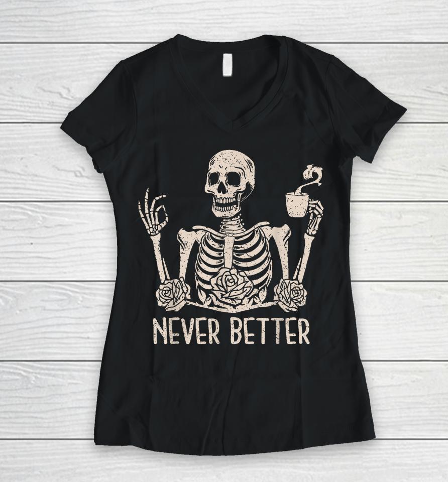 Floral Halloween T Shirt Skeleton Drinking Coffee Women V-Neck T-Shirt