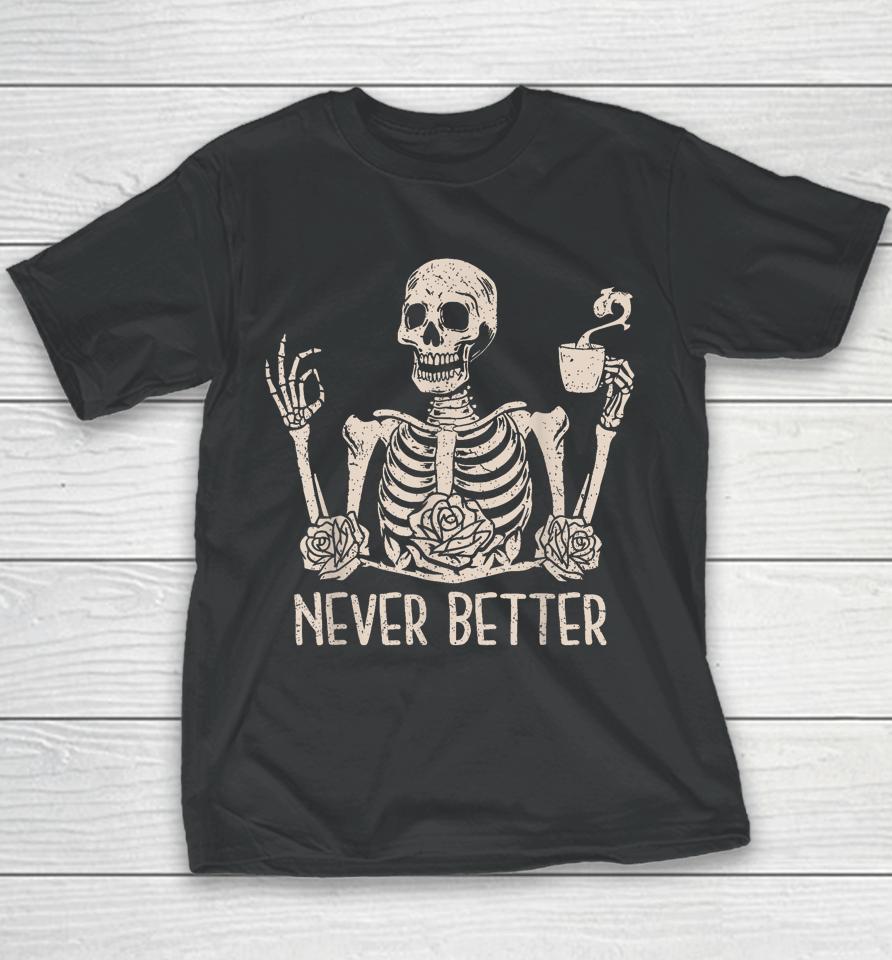 Floral Halloween T Shirt Skeleton Drinking Coffee Youth T-Shirt