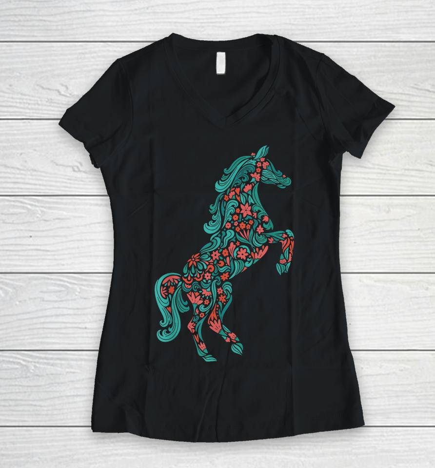 Floral Horse Riding Horse Lover Women Girls Gifts Women V-Neck T-Shirt