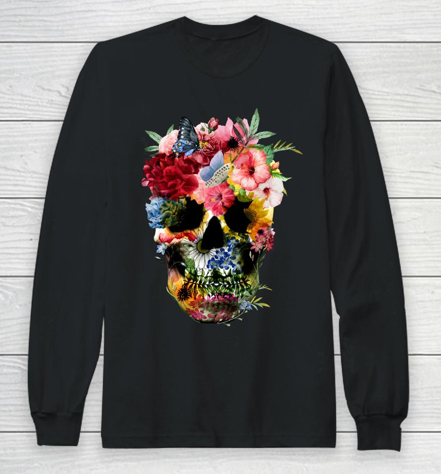 Floral Skull Shirt Dead Sugar Skull For Women Flower Skull Long Sleeve T-Shirt