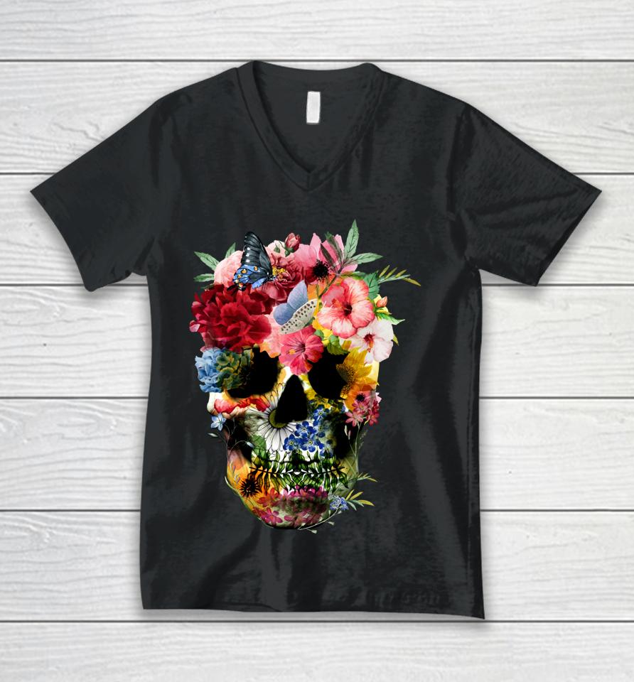 Floral Skull Shirt Dead Sugar Skull For Women Flower Skull Unisex V-Neck T-Shirt