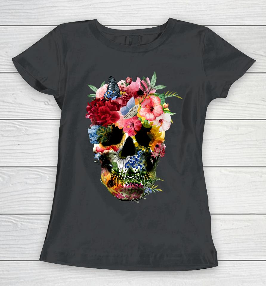 Floral Skull Shirt Dead Sugar Skull For Women Flower Skull Women T-Shirt