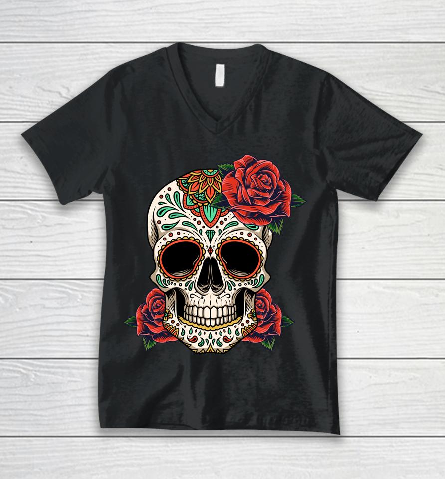 Floral Sugar Skull Day Of Dead Dia De Los Muertos Unisex V-Neck T-Shirt