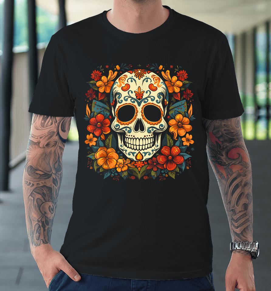 Floral Sugar Skull Day Of Dead Dia De Los Muertos Premium T-Shirt