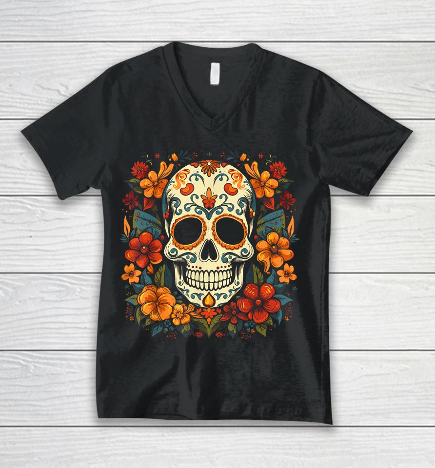 Floral Sugar Skull Day Of Dead Dia De Los Muertos Unisex V-Neck T-Shirt
