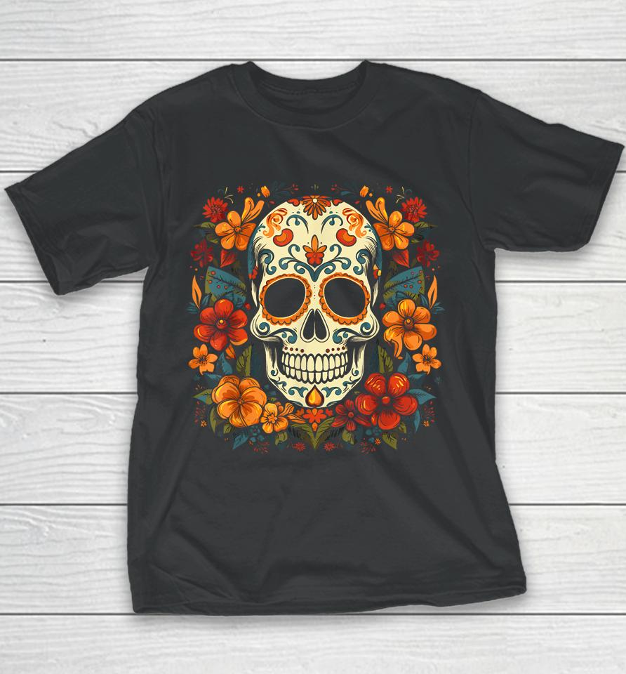 Floral Sugar Skull Day Of Dead Dia De Los Muertos Youth T-Shirt