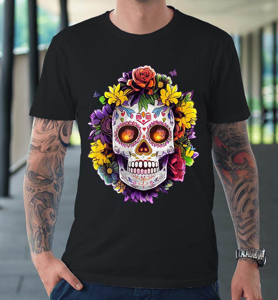 Floral Sugar Skull Day Of The Dead Dia De Muertos Premium T-Shirt