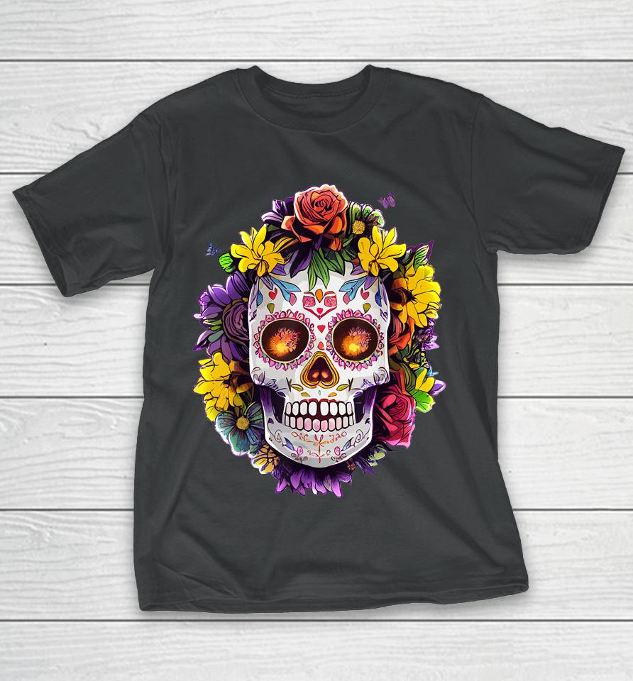 Floral Sugar Skull Day Of The Dead Dia De Muertos T-Shirt
