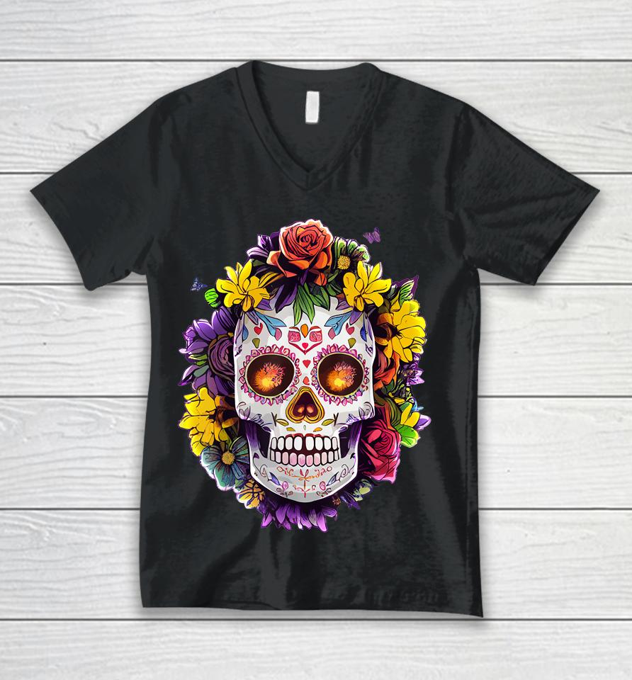 Floral Sugar Skull Day Of The Dead Dia De Muertos Unisex V-Neck T-Shirt