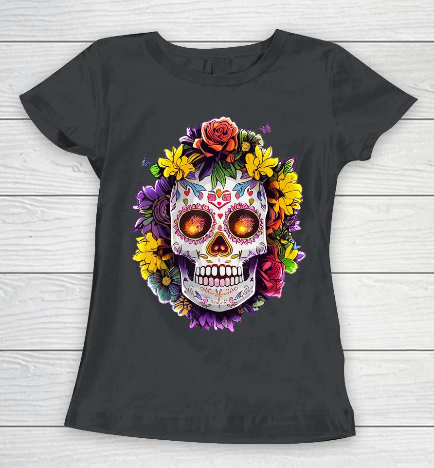 Floral Sugar Skull Day Of The Dead Dia De Muertos Women T-Shirt