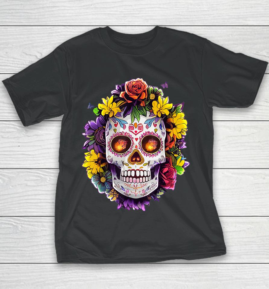Floral Sugar Skull Day Of The Dead Dia De Muertos Youth T-Shirt