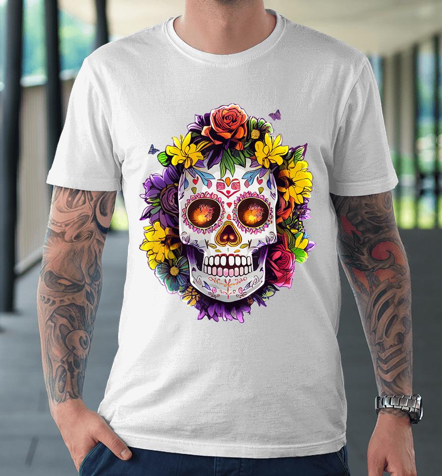 Floral Sugar Skull Day Of The Dead Dia De Muertos Premium T-Shirt