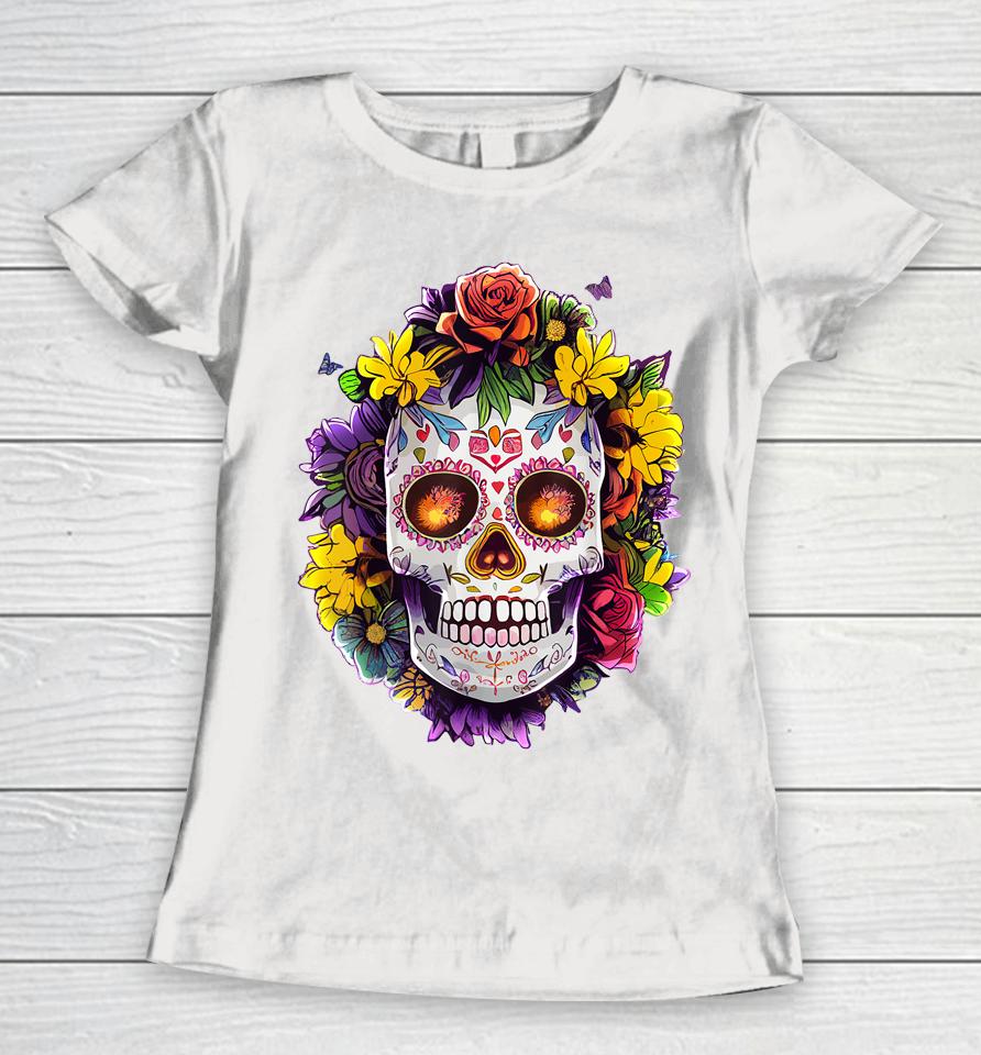 Floral Sugar Skull Day Of The Dead Dia De Muertos Women T-Shirt
