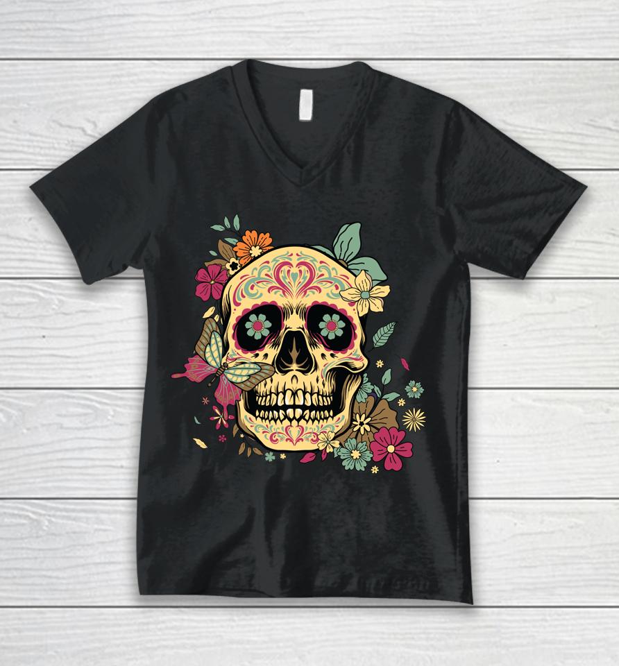Floral Sugar Skull Dia De Los Muertos Dead Unisex V-Neck T-Shirt