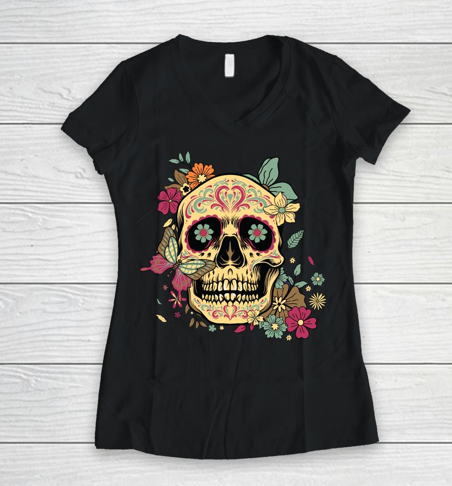 Floral Sugar Skull Dia De Los Muertos Dead Women V-Neck T-Shirt