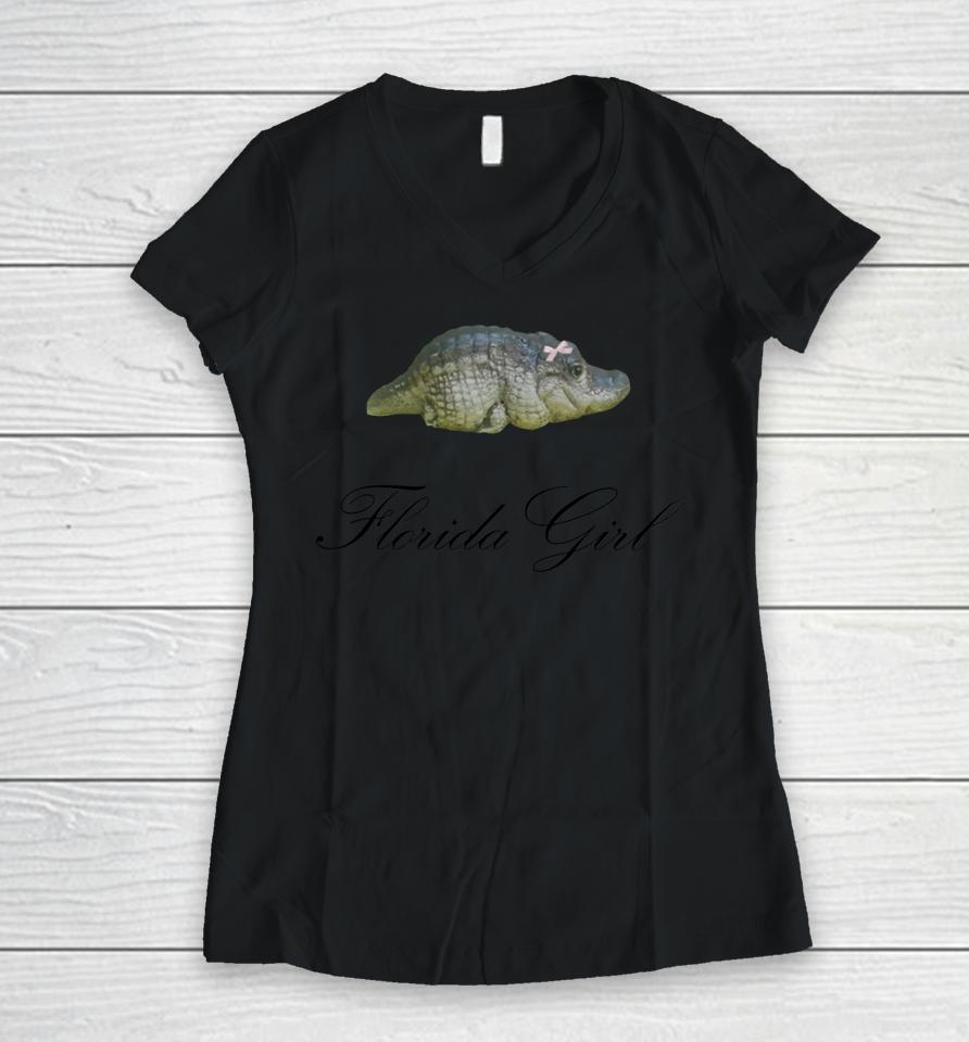 Florida Girl Baby Gator Coquette Women V-Neck T-Shirt