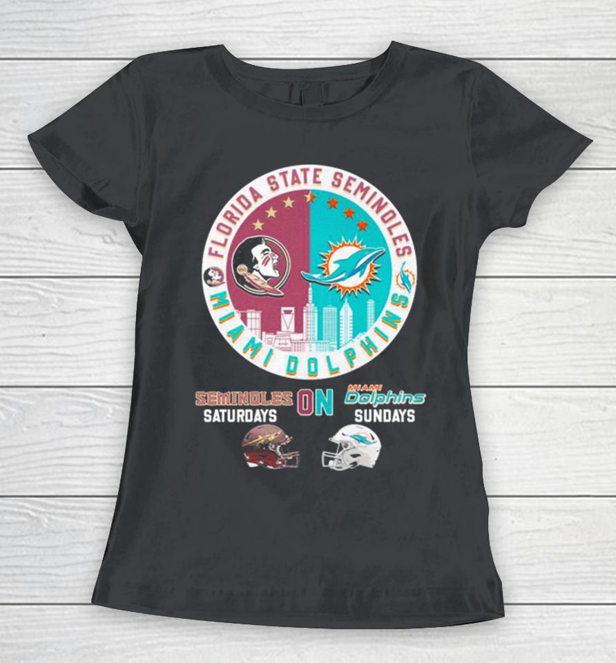 Florida State Seminoles And Miami Dolphins Skyline On Sundays Women T-Shirt