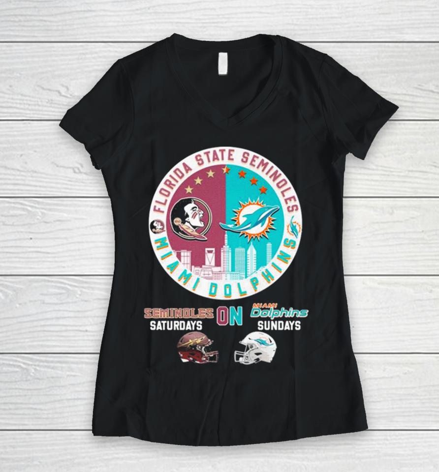 Florida State Seminoles And Miami Dolphins Skyline On Sundays Women V-Neck T-Shirt