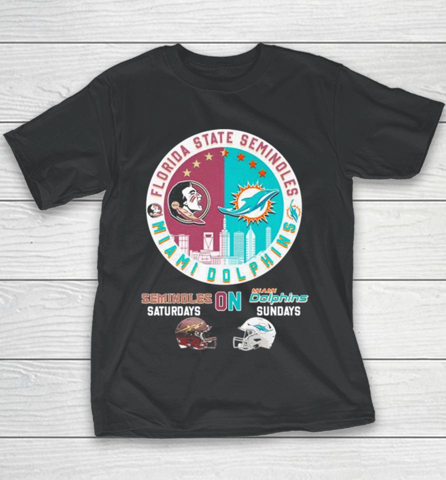 Florida State Seminoles And Miami Dolphins Skyline On Sundays Youth T-Shirt