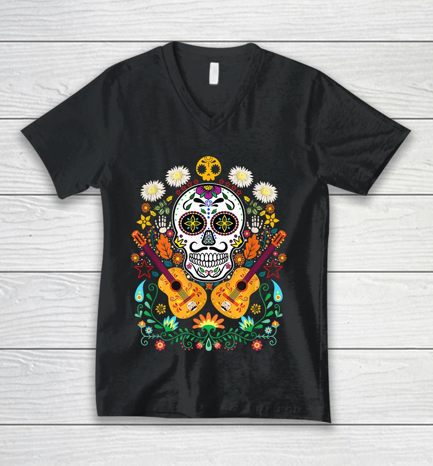 Flower Guitar Skull Day Of The Dead Unisex V-Neck T-Shirt