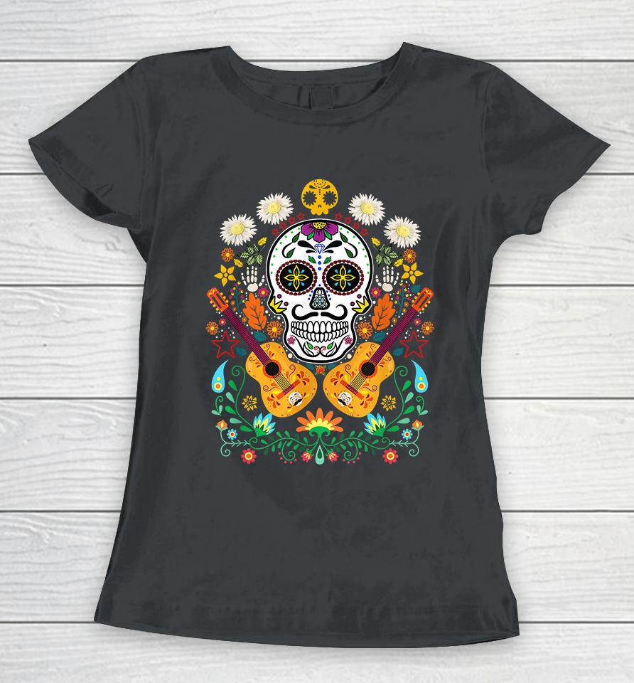 Flower Guitar Skull Day Of The Dead Women T-Shirt