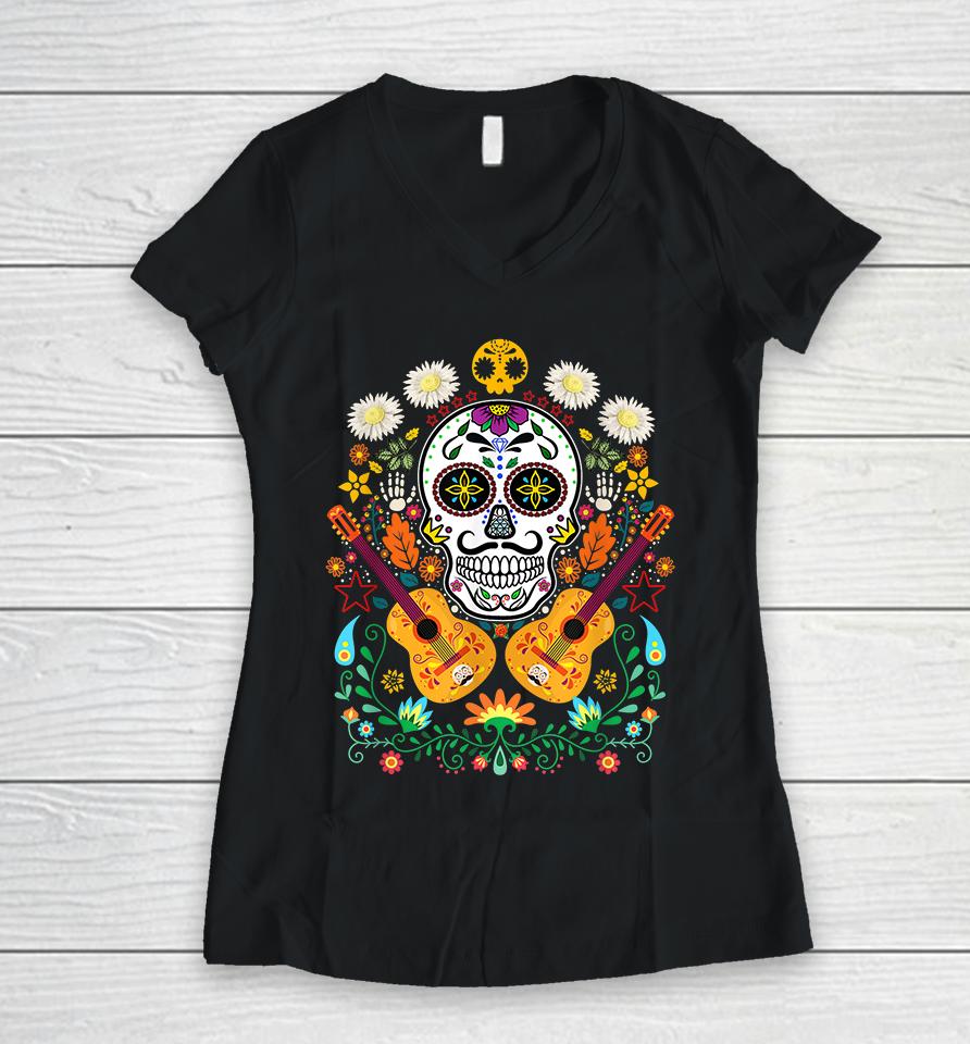 Flower Guitar Skull Day Of The Dead Women V-Neck T-Shirt