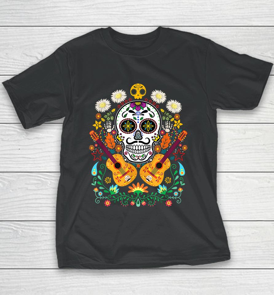 Flower Guitar Skull Day Of The Dead Youth T-Shirt