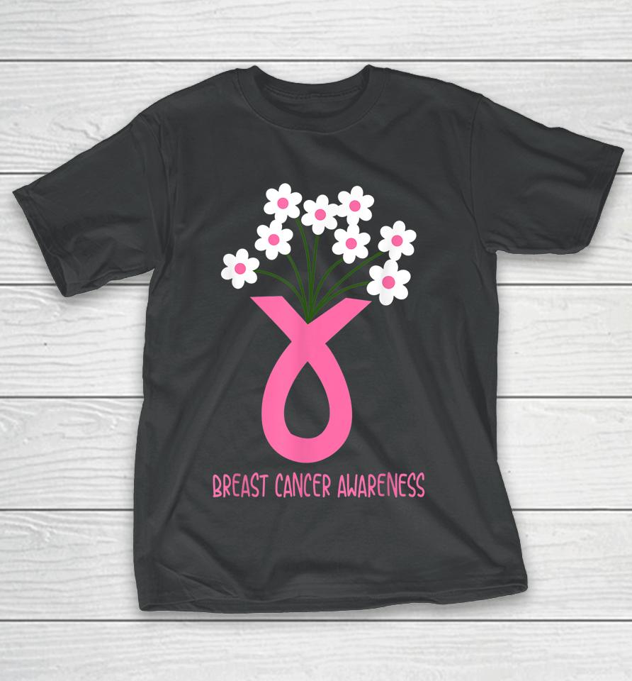 Flower Jar Pink Ribbon Breast Cancer Awareness Month Women T-Shirt