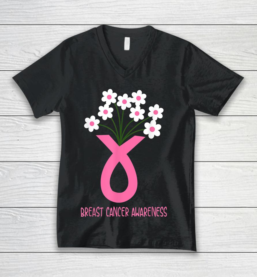 Flower Jar Pink Ribbon Breast Cancer Awareness Month Women Unisex V-Neck T-Shirt