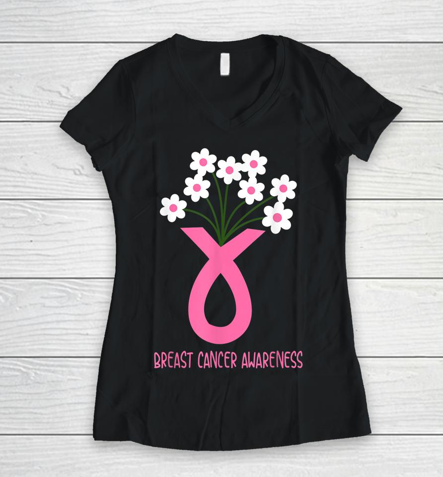 Flower Jar Pink Ribbon Breast Cancer Awareness Month Women Women V-Neck T-Shirt