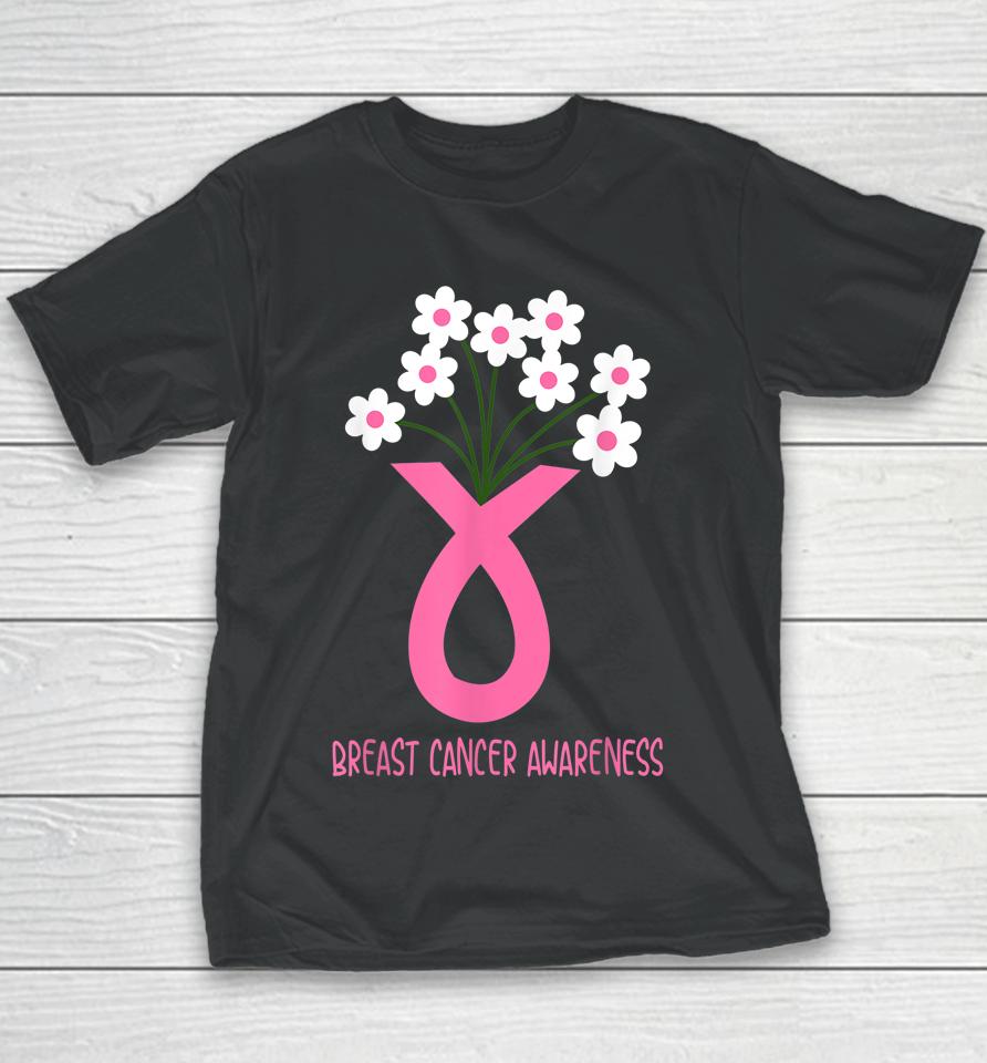 Flower Jar Pink Ribbon Breast Cancer Awareness Month Women Youth T-Shirt