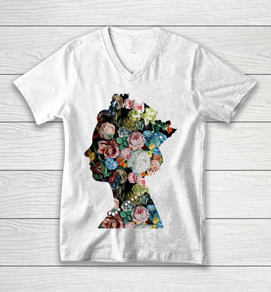 Flowers Collage Portrait Royal Abstract Art Queen Of England Unisex V-Neck T-Shirt