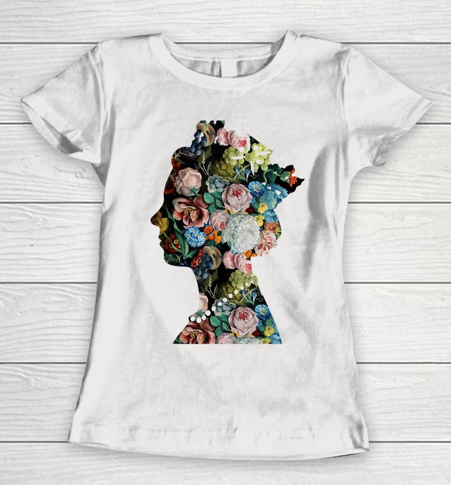 Flowers Collage Portrait Royal Abstract Art Queen Of England Women T-Shirt