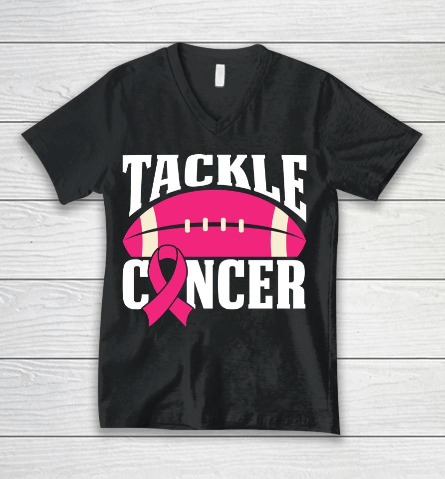 Football Cancer Breast Awareness Tackle Pink Ribbon Unisex V-Neck T-Shirt
