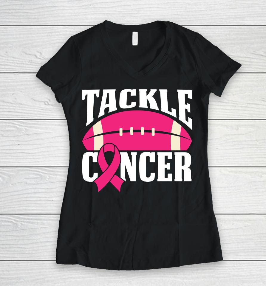 Football Cancer Breast Awareness Tackle Pink Ribbon Women V-Neck T-Shirt