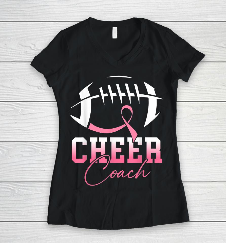 Football Cheer Coach Pink Ribbon Breast Cancer Awareness Women V-Neck T-Shirt