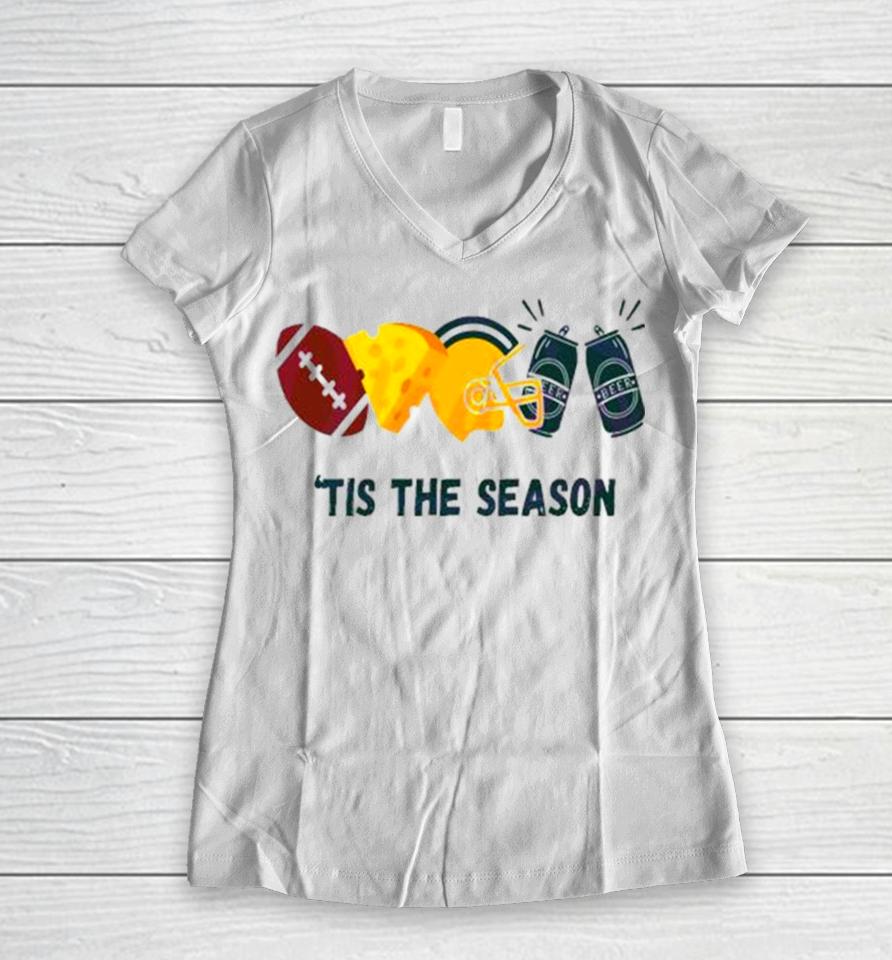Football Cheese Helmet Beer Green Bay Football Tis The Season Women V-Neck T-Shirt