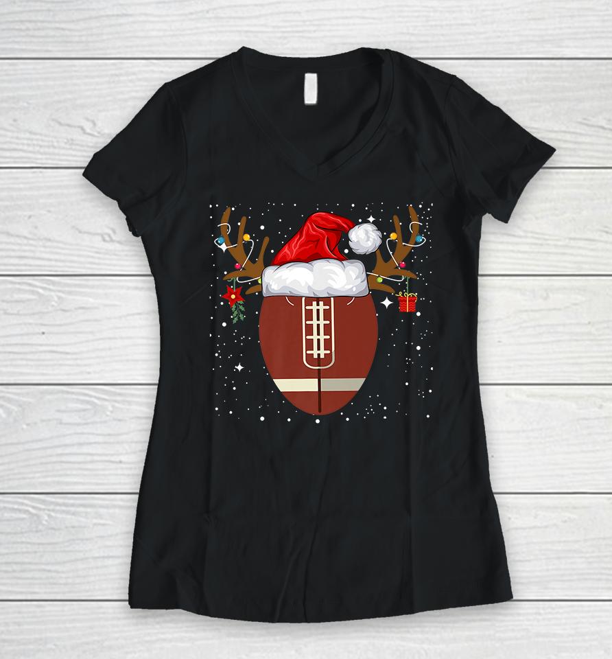 Football Reindeer Santa Hat Christmas Holiday Gifts Women V-Neck T-Shirt